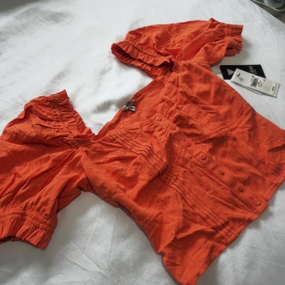 Guess Button Down Orange Puff Sleeve Sweetheart Ruffle Top New Never Wor… - Picture 2 of 9
